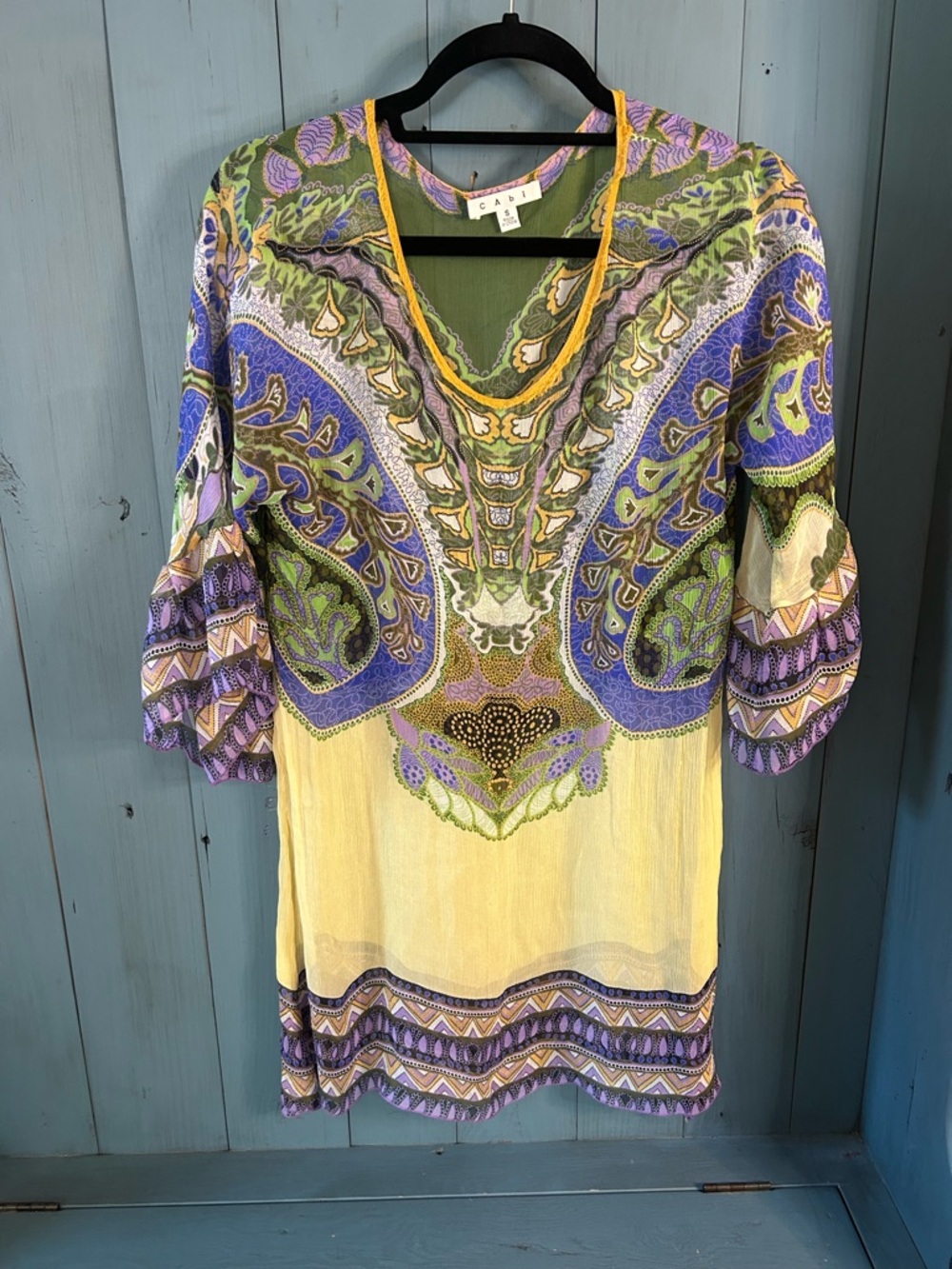 CAbi Yellow Multi-Print V-Neck Tunic with Purple & Green Paisley | Size Small